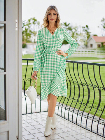 Gingham Print Knot Side Ruffle Trim Wrap Dress