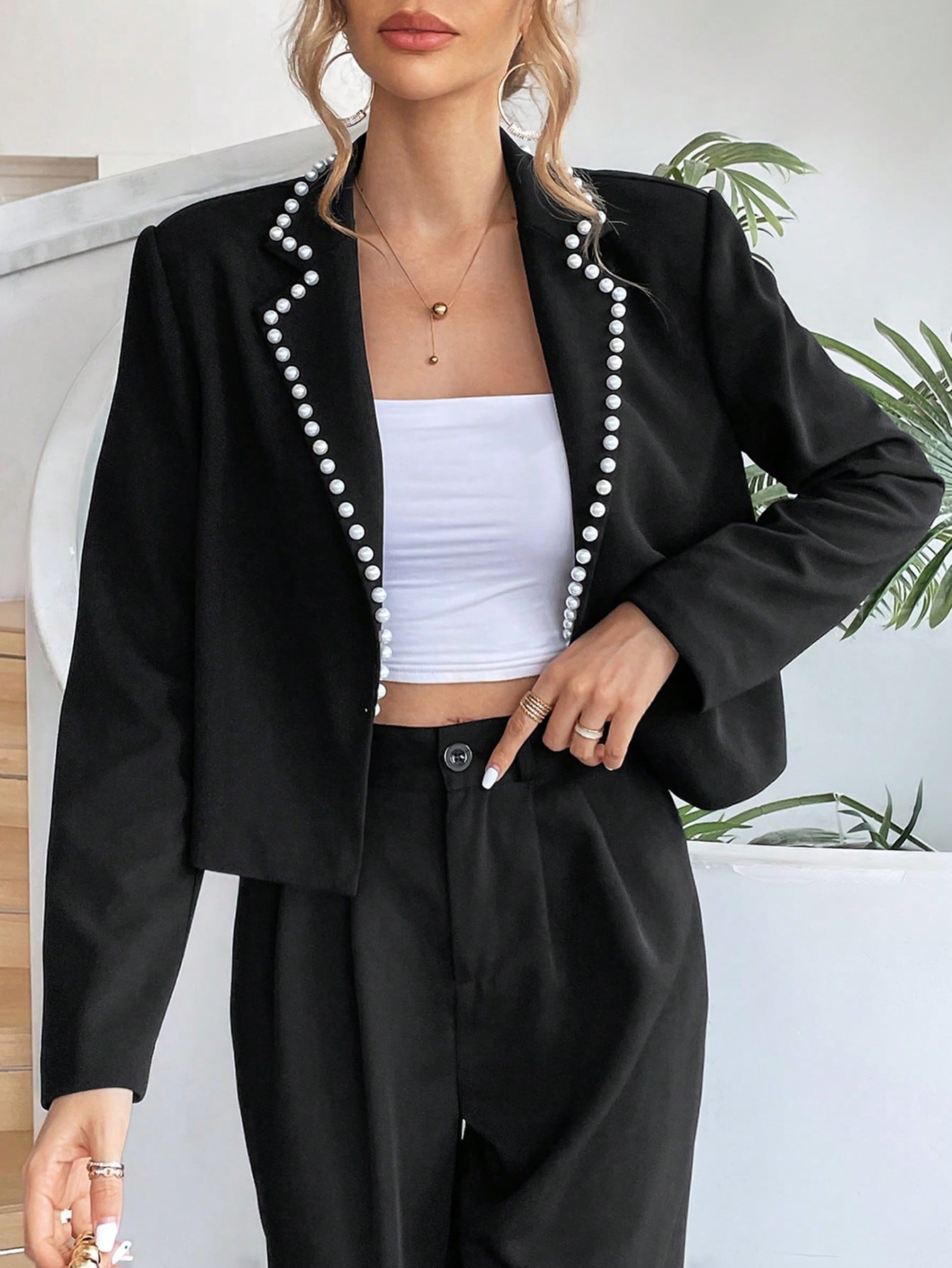 Pearls Beaded Lapel Neck Open Front Crop Jacket