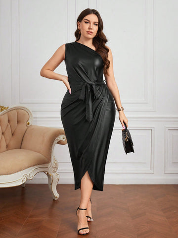 Plus One Shoulder Tulip Hem Belted PU Leather Dress