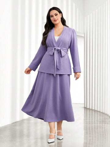 Plus Solid Belted Coat & Skirt