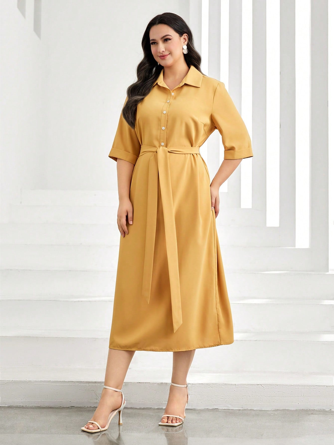 Plus Solid Belted Shirt Dress