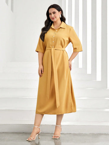 Plus Solid Belted Shirt Dress