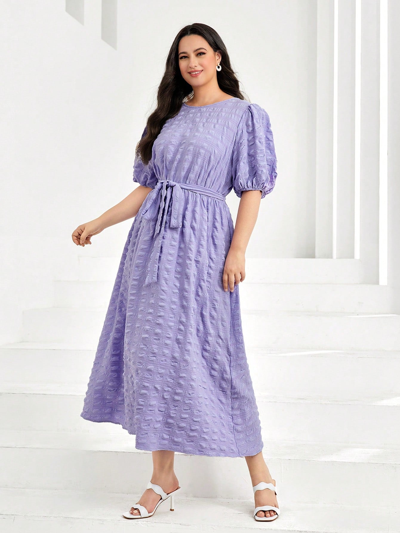 Plus Puff Sleeve Belted Dress