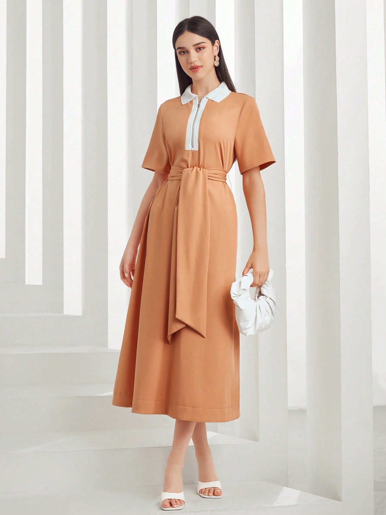 Contrast Collar Belted Dress