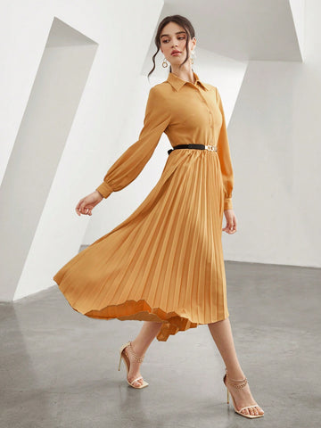 Solid Pleated Hem Shirt Dress Without Belt