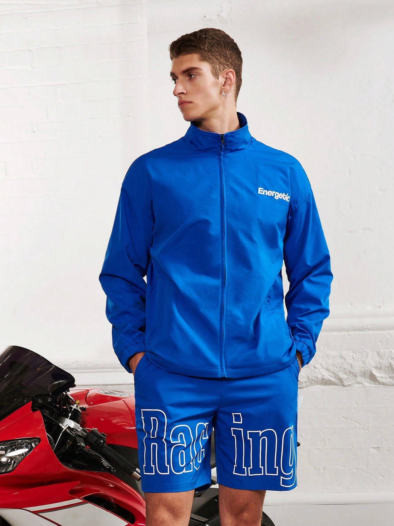 Men Letter Graphic Zip Up Jacket & Drawstring Waist Shorts