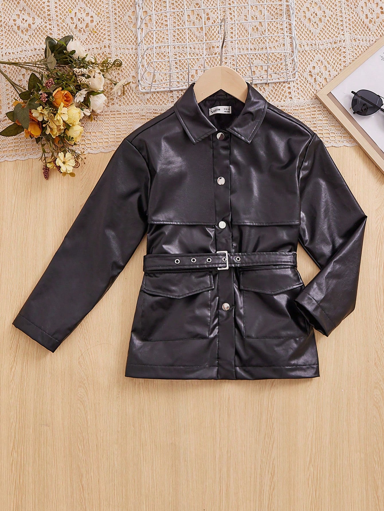 Tween Girl Flap Pocket Belted PU Leather Jacket