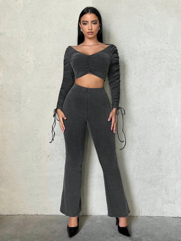 Drawstring Sleeve Crop Top & Flare Leg Pants