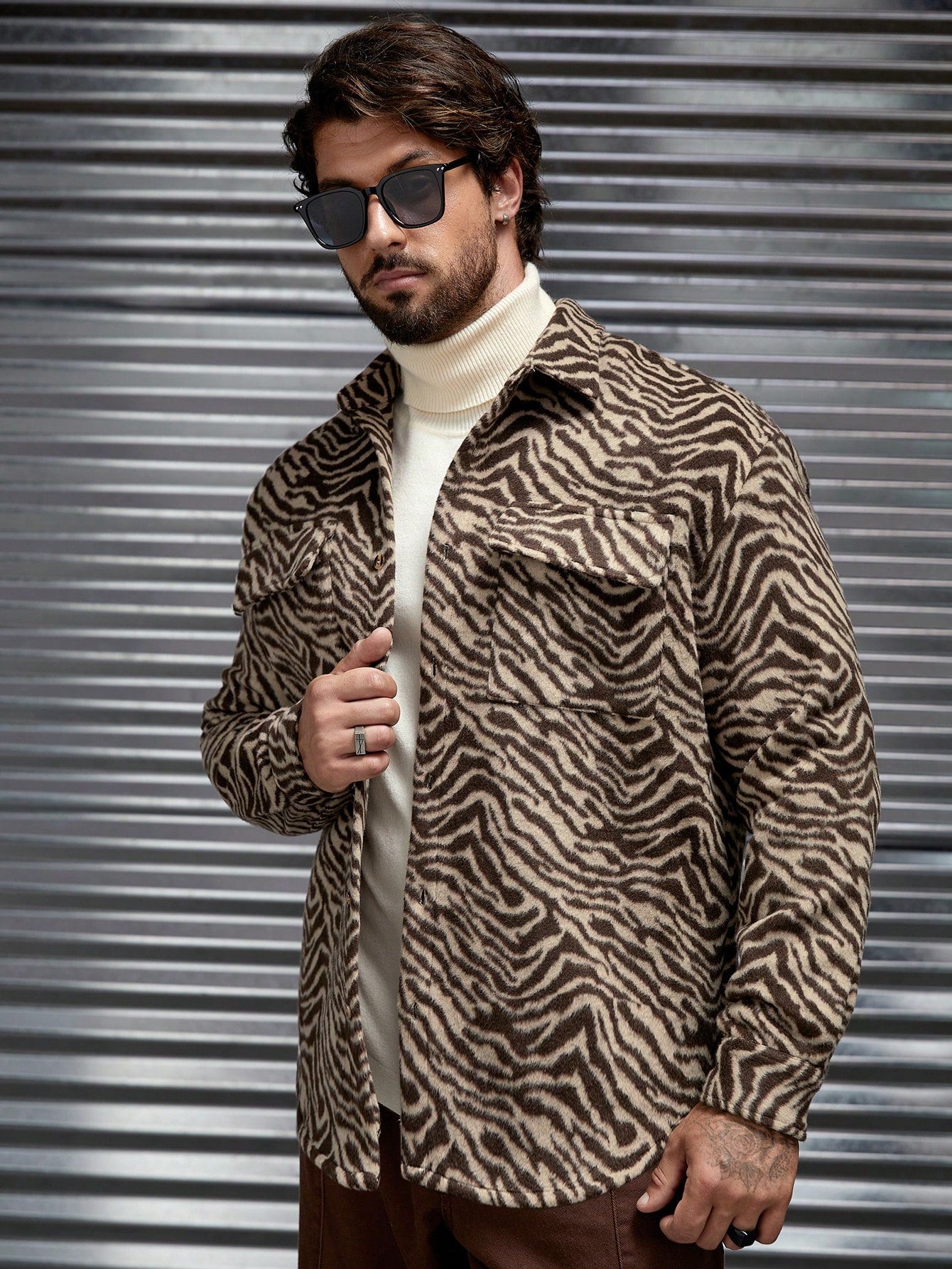 Men's Zebra Striped Flap Pocket Oversized Overcoat Without T-Shirt