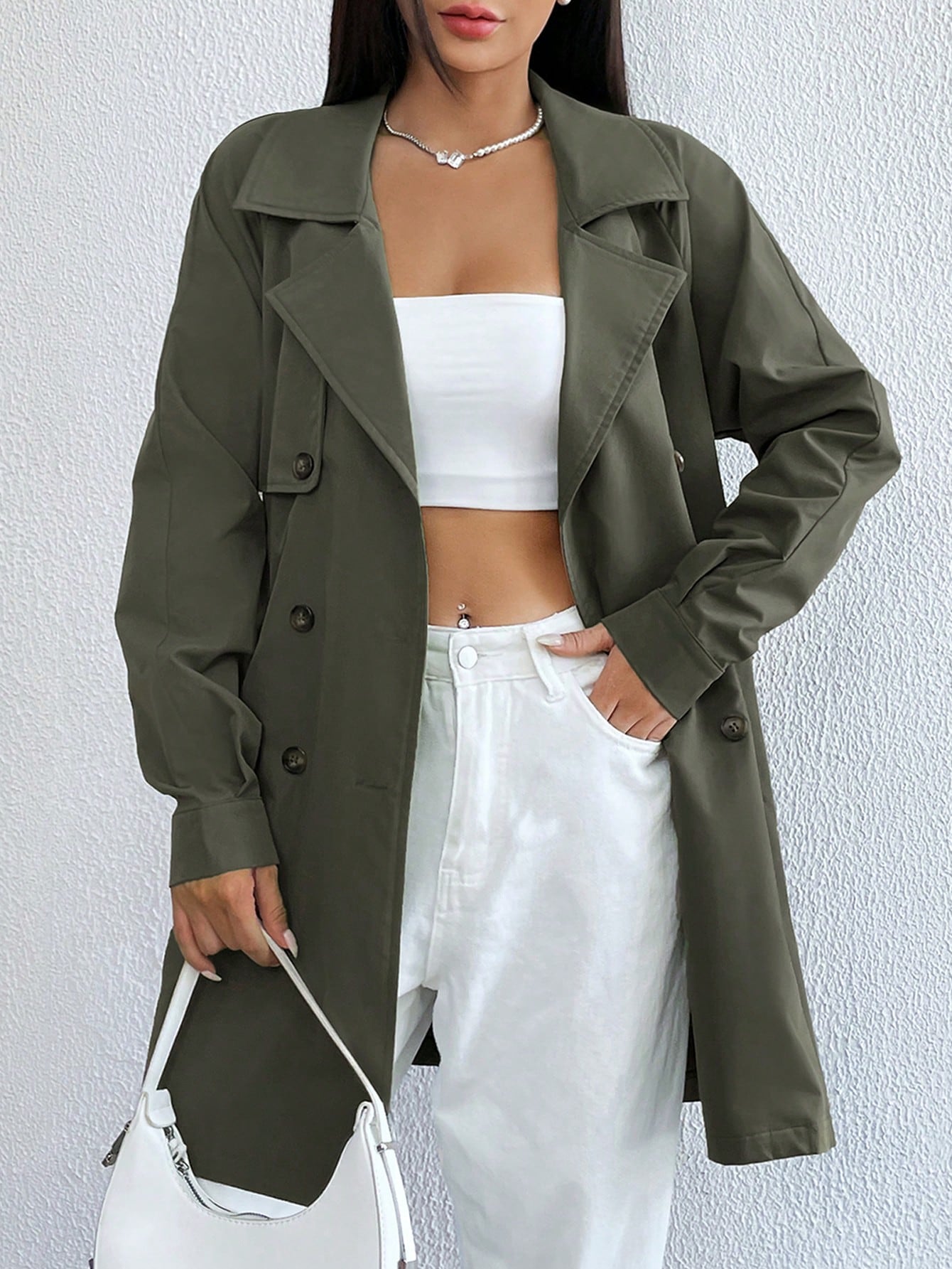 Lapel Neck Double Breasted Belted Trench Coat