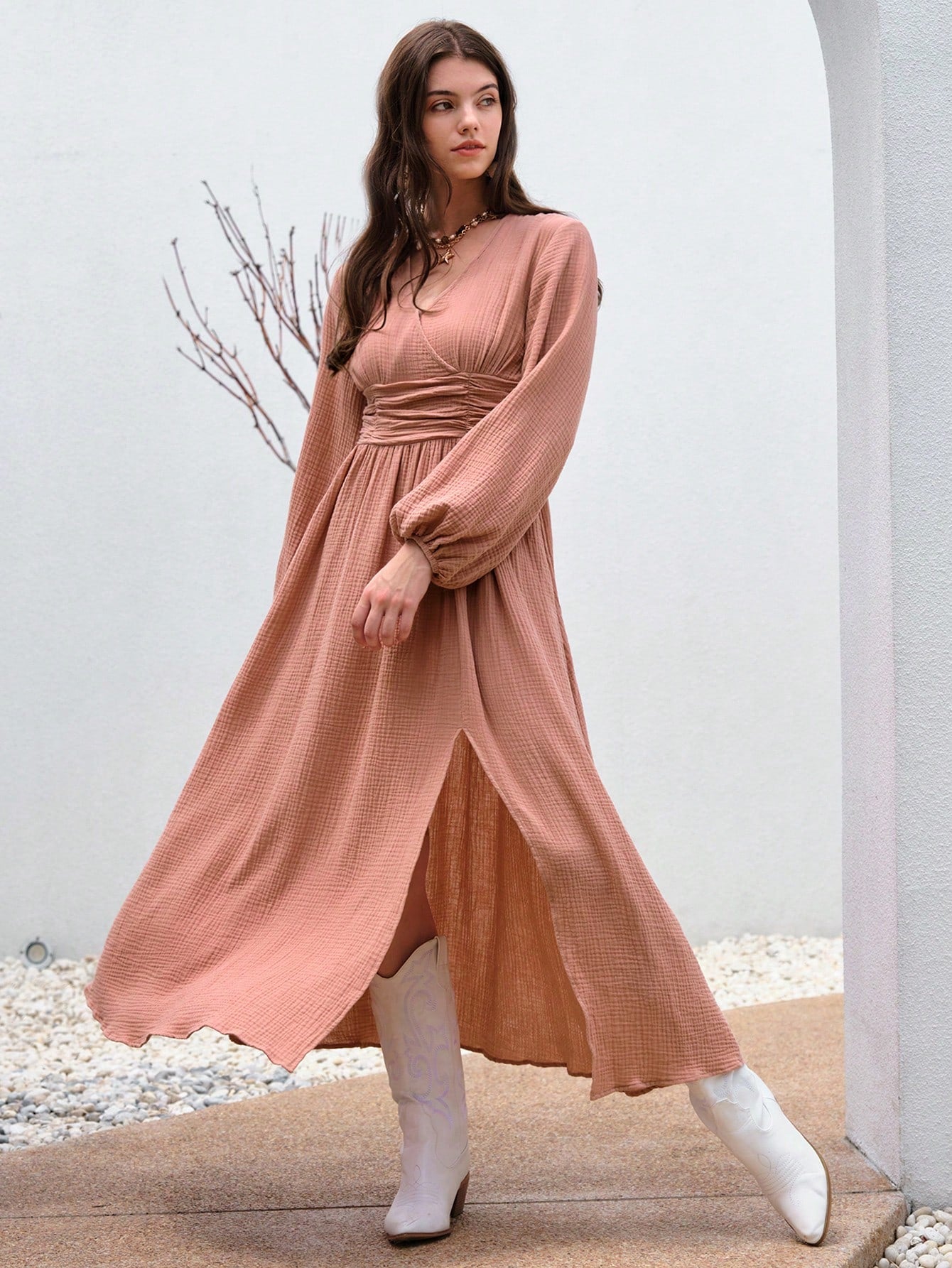 Lantern Sleeve Split Thigh Dress