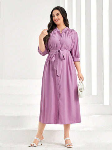 Plus Ruched Belted Shirt Dress