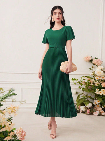 Butterfly Sleeve Pleated Hem Dress