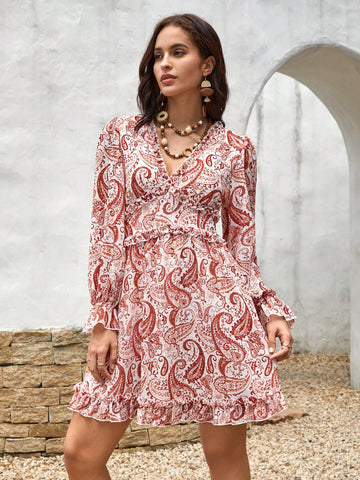 Paisley Print Flare Sleeve Ruffle Hem Dress