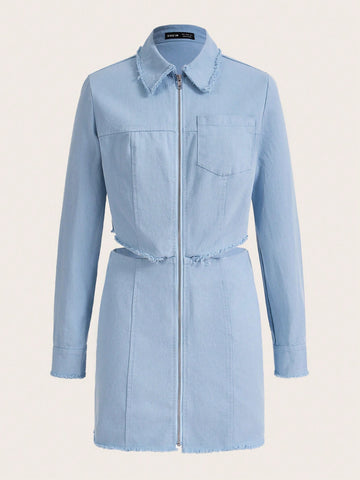 Zip Up Raw Trim Pocket Patched Shirt Dress