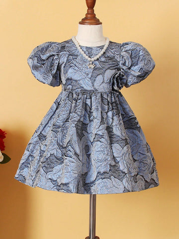 Baby Girl Floral Jacquard Puff Sleeve Party Dress