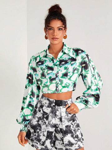 Allover Print Lantern Sleeve Crop Shirt