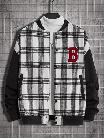 Loose Men's Overcoat With Letter & Plaid Print And Drop Shoulder Design