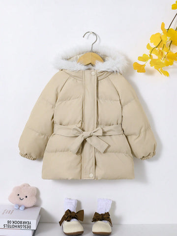 Baby Girl Fuzzy Trim Hooded Belted Puffer Coat