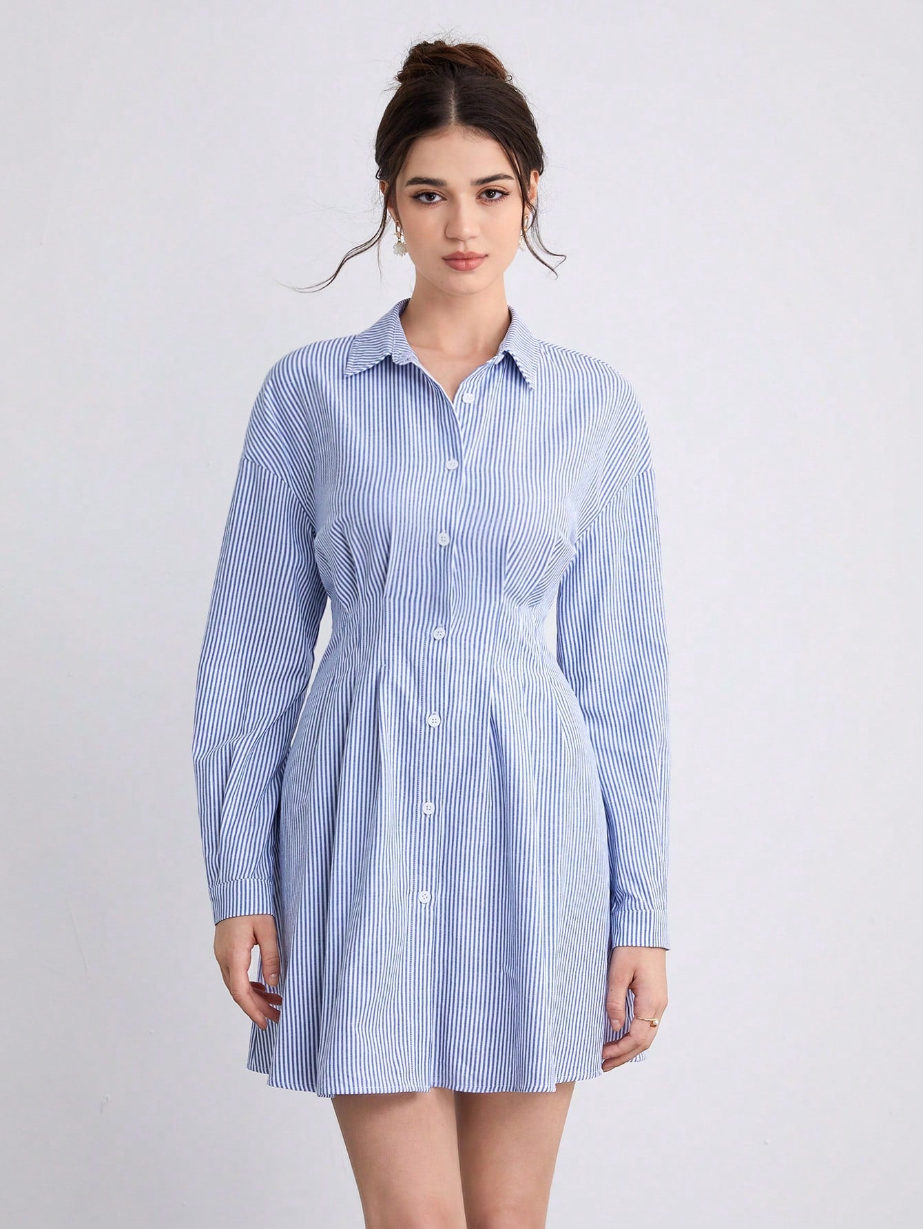 Striped Drop Shoulder Fold Pleated Detail Shirt Dress