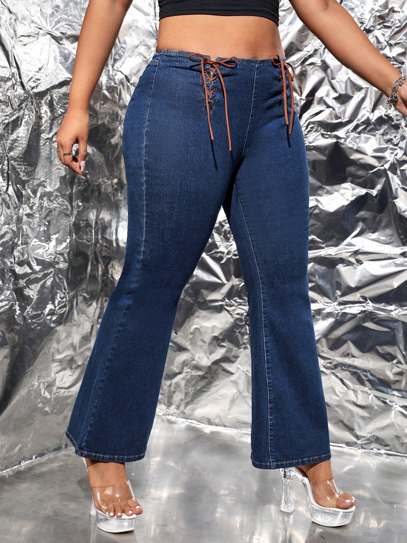 Plus Lace Up Front Flare Leg Jeans