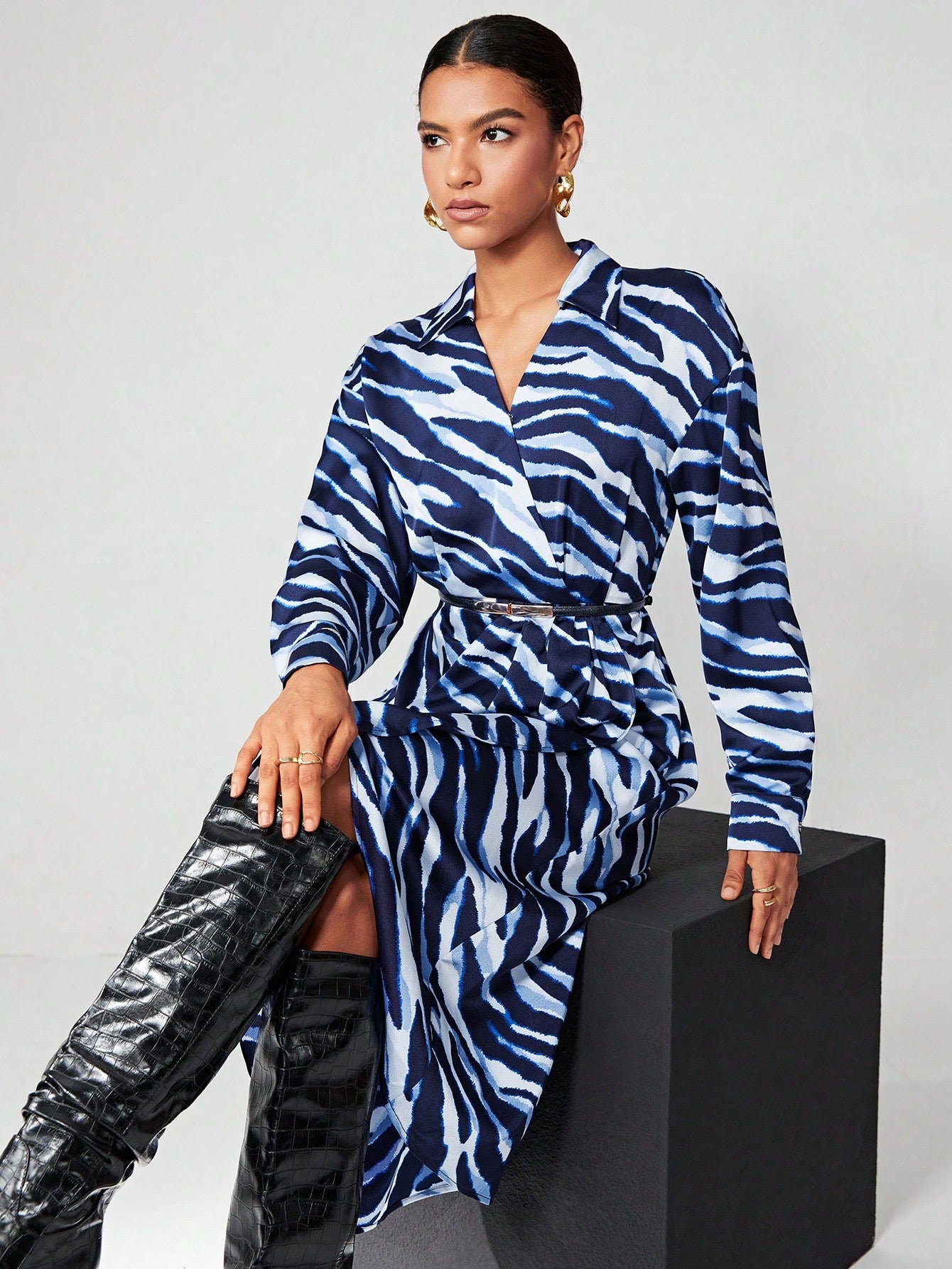 Zebra Striped Drop Shoulder Shirt Dress Without Belt