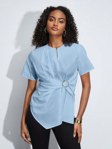 Solid Ring Linked Asymmetrical Hem Blouse