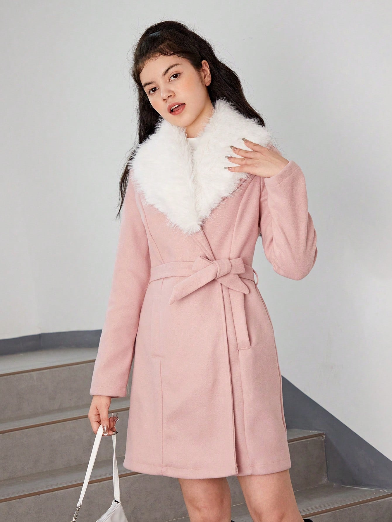 Teen Girl Fuzzy Collar Belted Overcoat