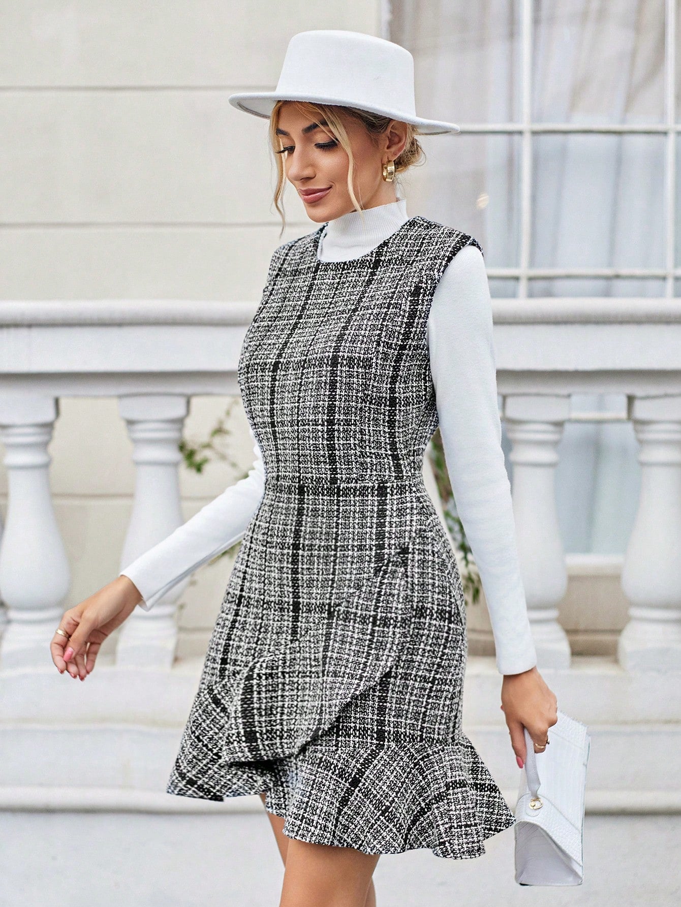 Plaid Pattern Ruffle Hem Tweed Dress Without Tee