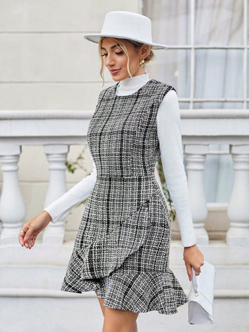 Plaid Pattern Ruffle Hem Tweed Dress Without Tee