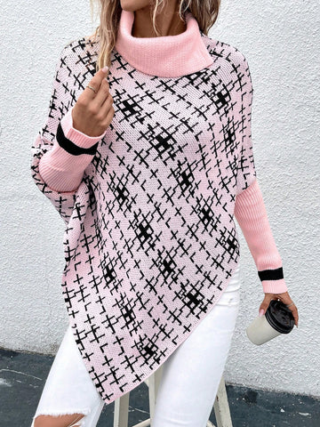 Plaid Pattern Turtleneck Batwing Sleeve Asymmetrical Hem Poncho