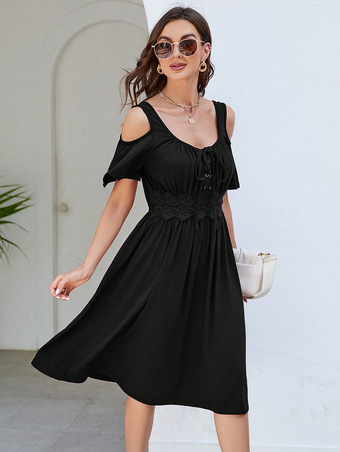 Cold Shoulder Lace Up Front Guipure Lace Panel Dress