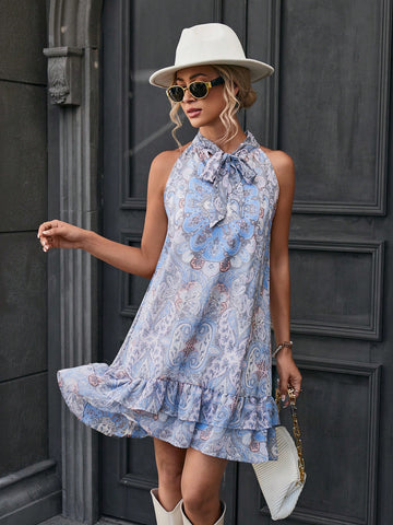 Paisley Print Tie Neck Ruffle Hem Dress