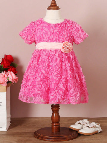 Baby Girl Appliques Detail Puff Sleeve Party Dress