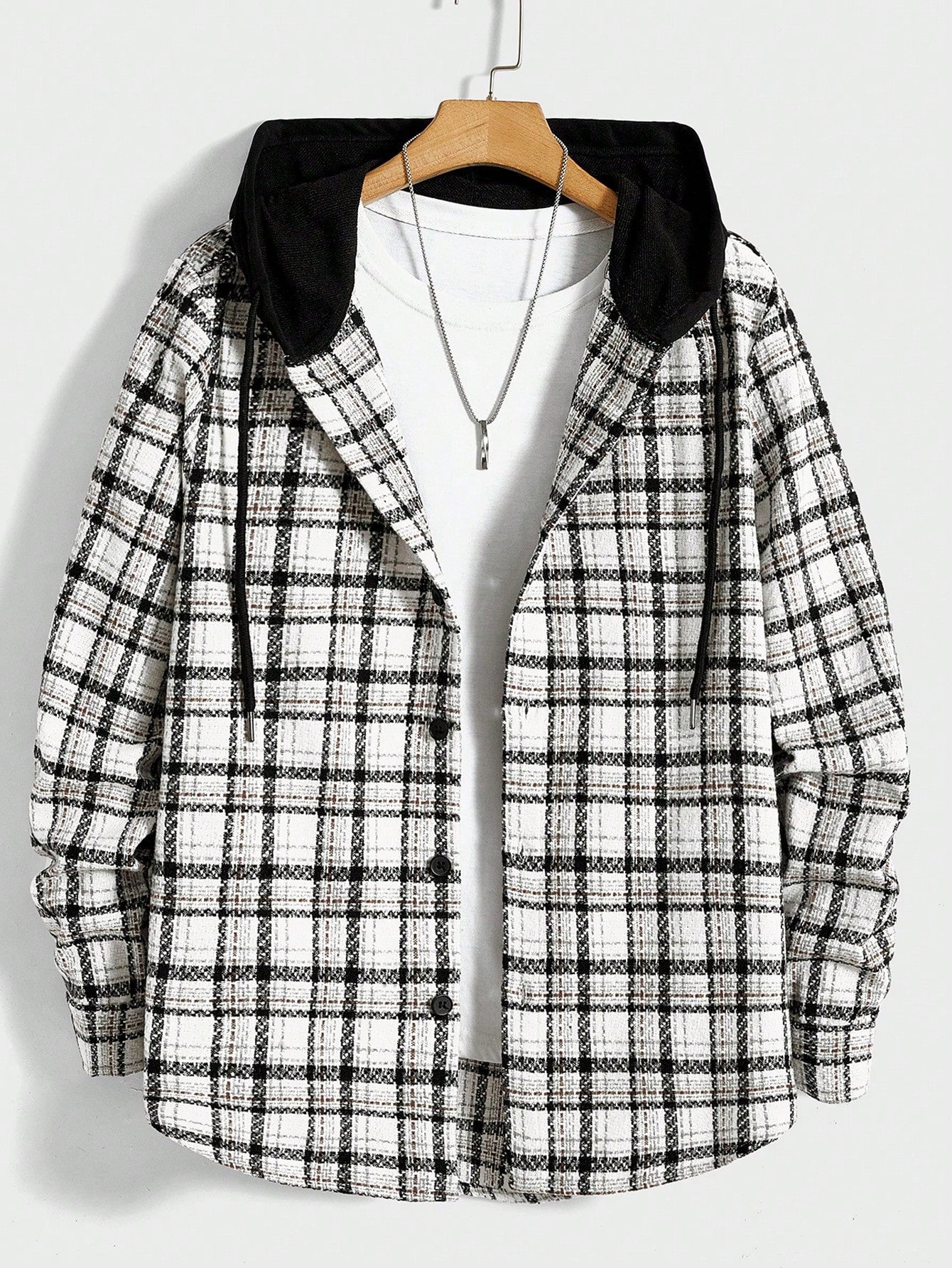 Men Loose Plaid Print Drawstring Hooded Overcoat Without Tee