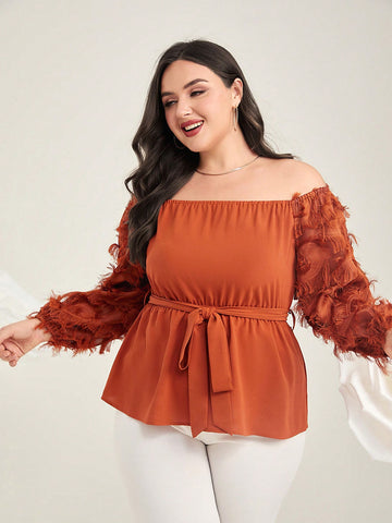 Plus Off Shoulder Appliques Lantern Sleeve Belted Blouse