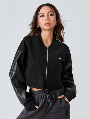 Drop Shoulder Zip Up Crop Bomber Jacket