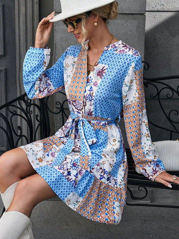 Patchwork Print Belted Dress