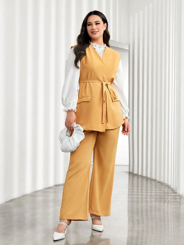 Plus Solid Belted Vest Coat & Wide Leg Pants Without Blouse