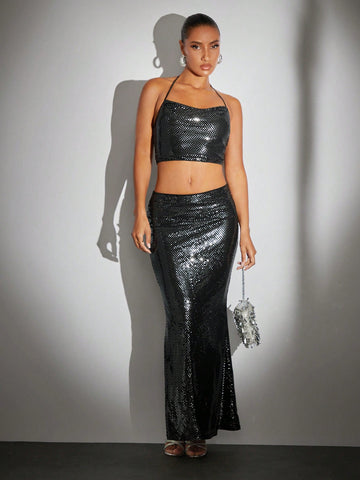 1pc High Waist Mermaid Hem Sequin Skirt