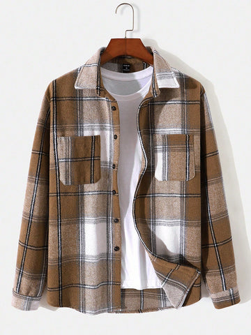 Men Plaid Dual Pocket Overcoat Without Tee