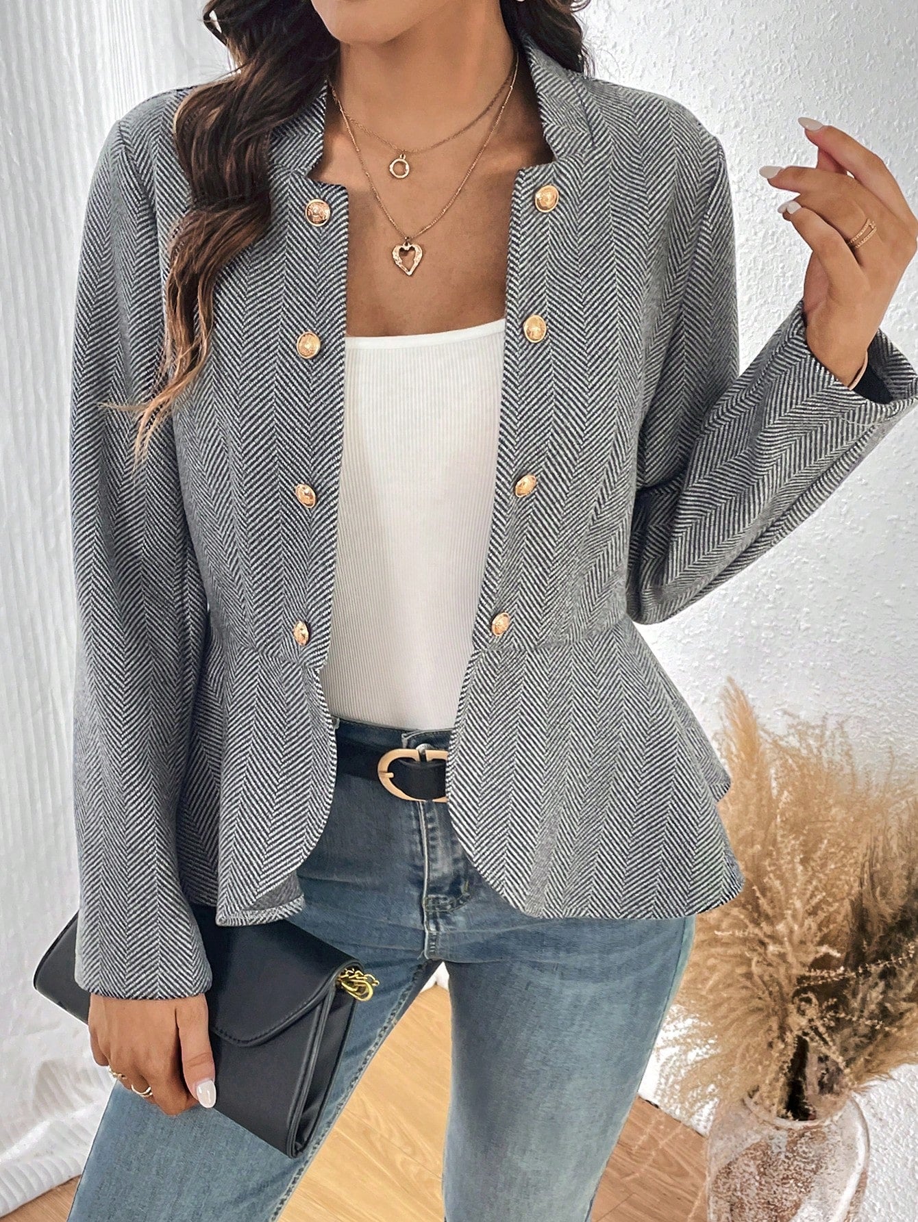 Herringbone Pattern Double Breasted Peplum Overcoat