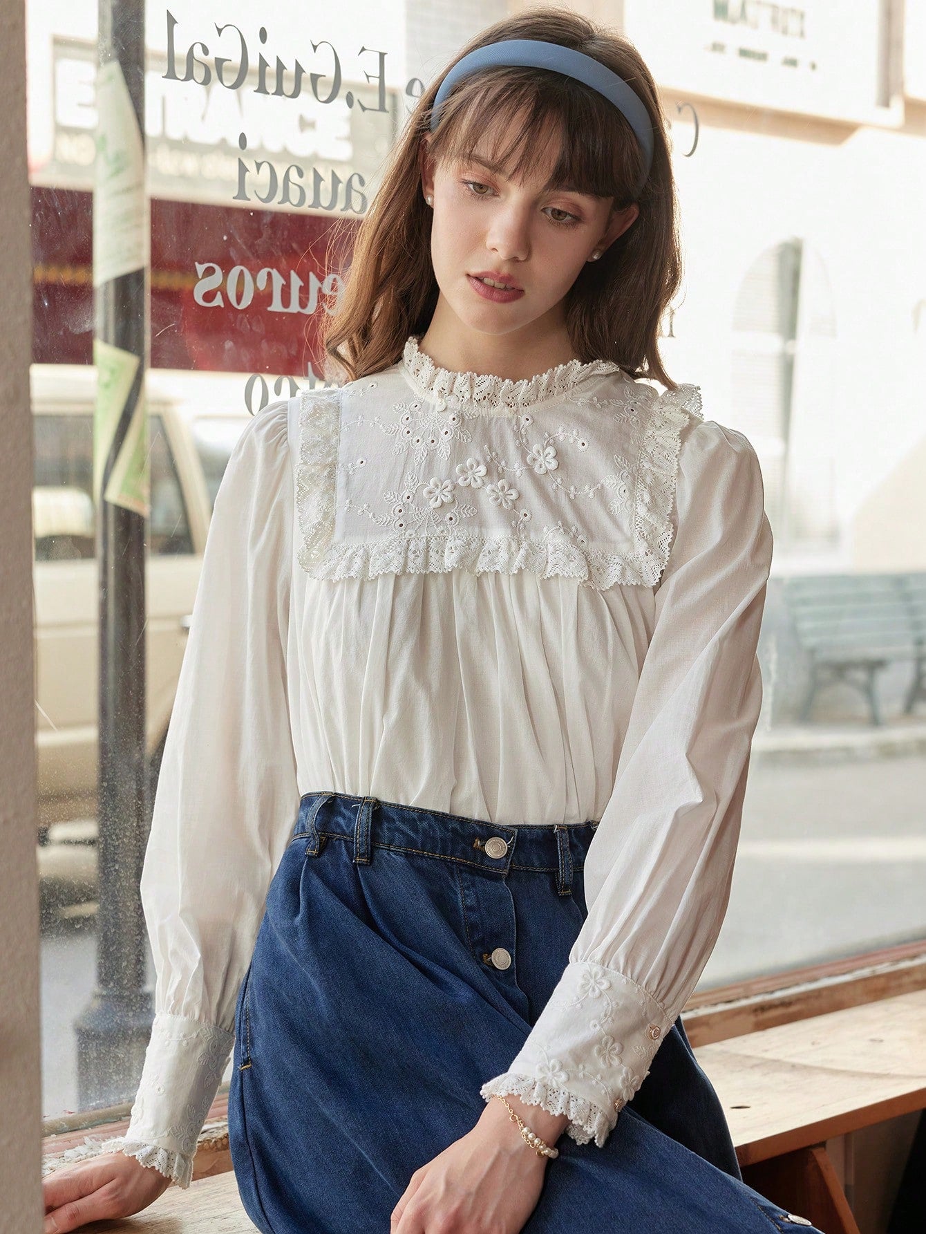 Frill Trim Mock Neck Blouse