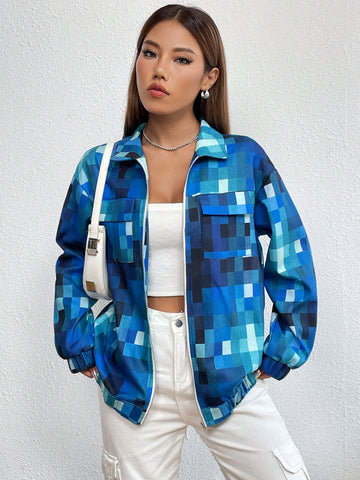 Geo Print Drop Shoulder Flap Pocket Jacket