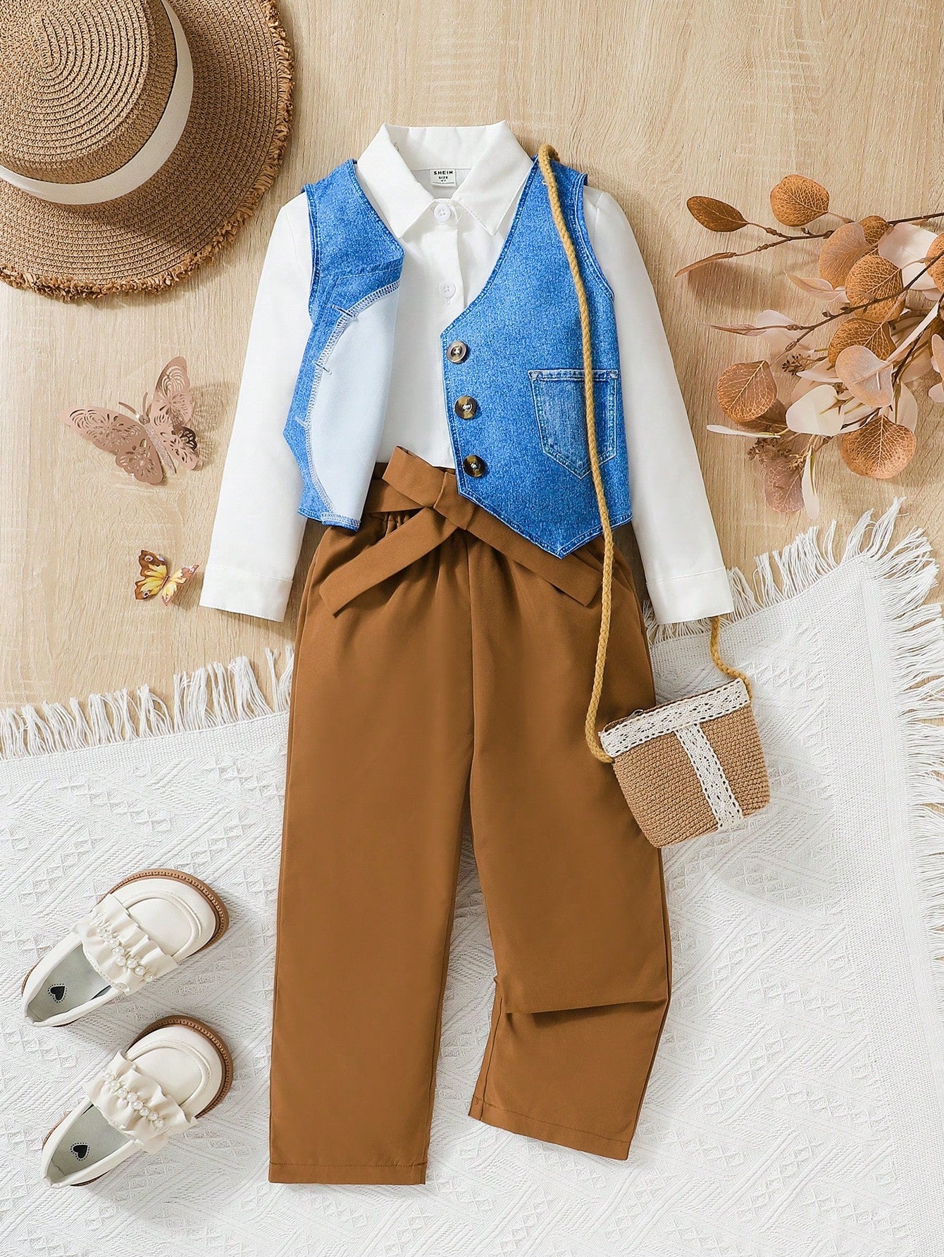 Young Girl Shirt & Belted Pants & Vest Jacket