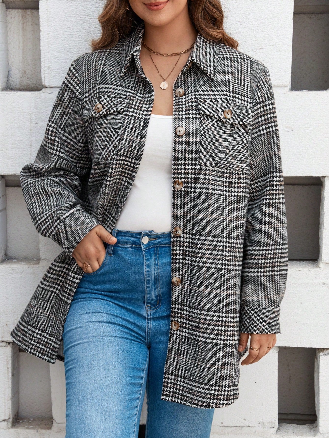 Plus Plaid Print Flap Pocket Overcoat