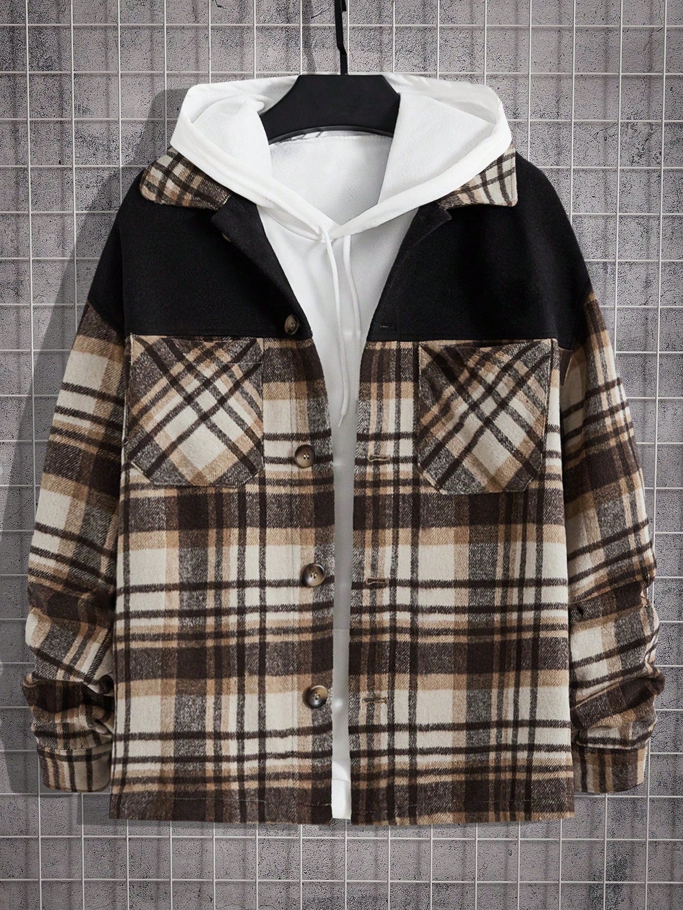 Loose Men's Plaid Print Drop Shoulder Overcoat With Pocket Patch And No Hood