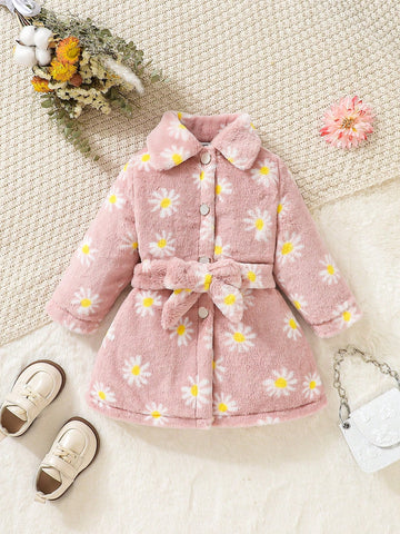 Baby Girl Floral Print Belted Fuzzy Coat