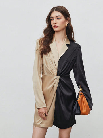 Two Tone Twist Front Satin Dress