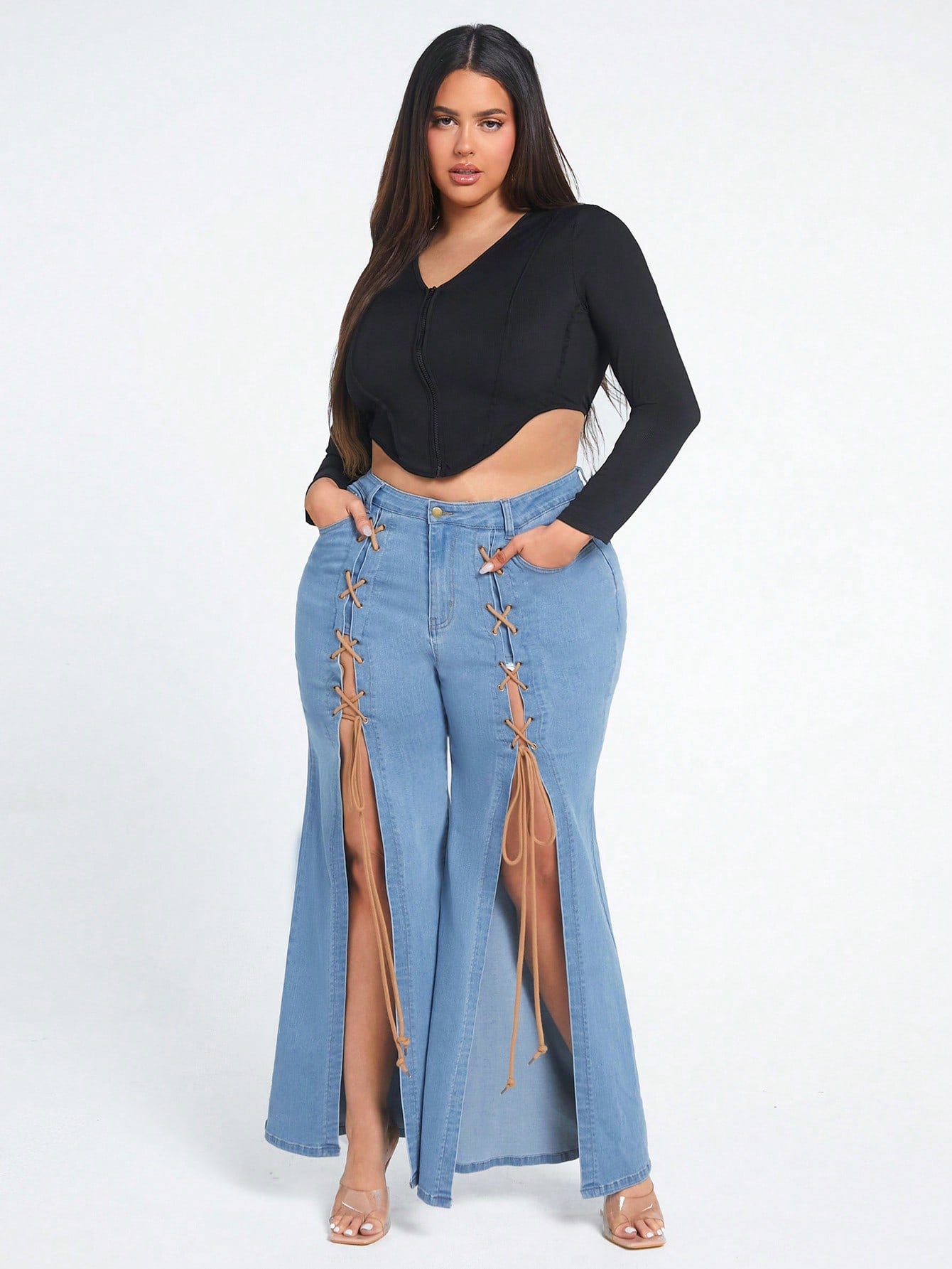 Plus Lace Up Front Flare Leg Jeans